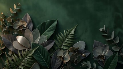 Dark green background with assorted metallic and natural leaves and flowers arrangement
