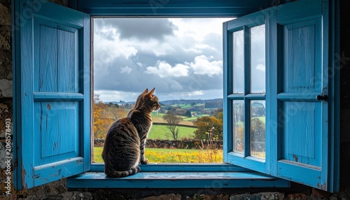 Cat gazes from blue rustic window