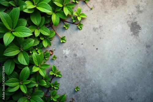 Green foliage spilling onto aged concrete surface, overhead view , flatlay, design, backdrop