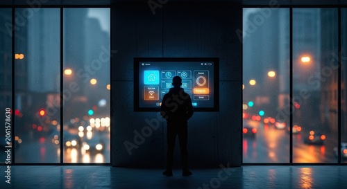 Man standing before smart home interface overlooking rainy city night