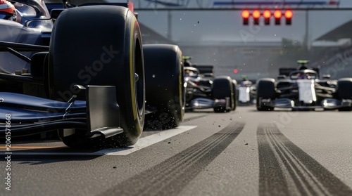 Sleek professional open wheel race cars line up at the starting grid with dark rubber tires and glowing red signal lights captured in a low angle cinematic sports action shot.
