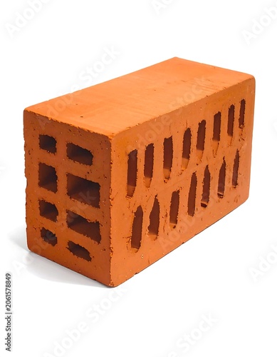 A red-orange rectangular construction material with many rectangular holes
