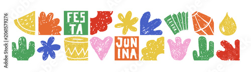 Festa Junina carnival flyers with crayon icons of summer festival. Party symbols with flowers, drums, fire and lantern drawn with bright chalk, vector illustration
