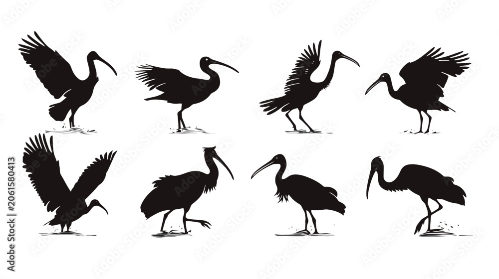 Obraz premium Silhouettes of ibis birds in various dynamic poses against a white background