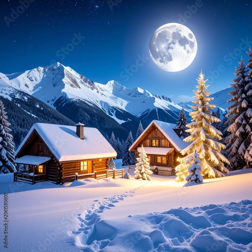 Cozy cabins under moonlit sky