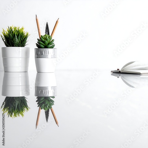 A reflective surface holds two white planters with green plants and pencils