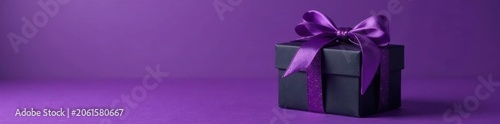 Black gift box with purple satin and sequin ribbon bow Violet backdrop Copy space , violet background, decoration