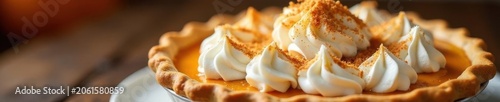 Close-up shot of Thanksgiving pie, whipped cream, homemade, pecan, pastry
