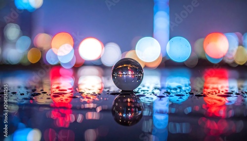 A reflective sphere sits on a wet surface with colorful lights