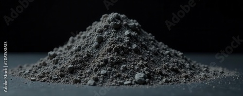 Grey wood ash pile, textured surface, black background, isolated, detail, rustic