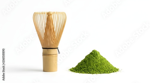 Vibrant green japanese matcha tea powder, traditional bamboo chasen whisk. authentic ceremony ingredients, excellent marketing content creation.