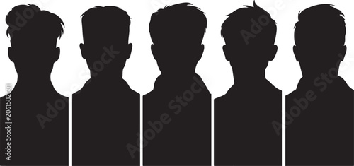 Foto A concise compilation of five distinctive male head and shoulder silhouettes viewed from the back, showcasing a range of contemporary and classic men's haircuts