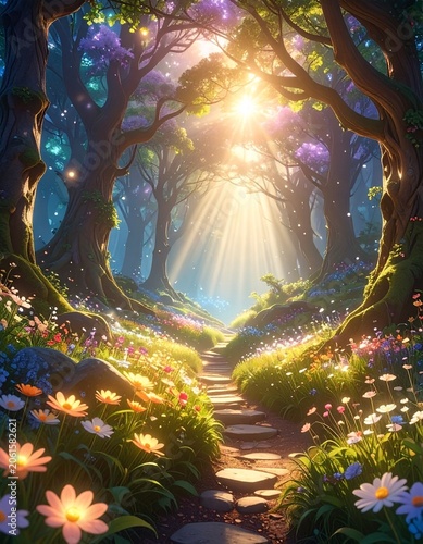 Enchanted woodland path bathed in light