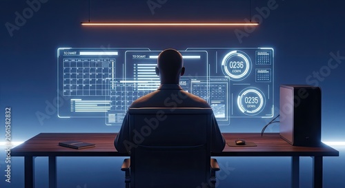 Man viewing futuristic holographic data interface at office desk