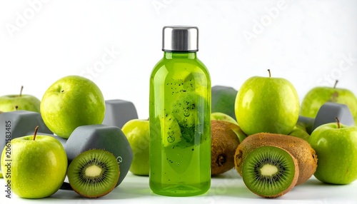 A refreshing arrangement of green apples and kiwis surrounds a green glass bottle
