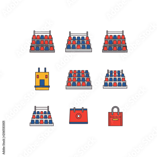 Stadium spectator grandstand and seating icon set with multi-angle technical line art symbols isolated on white background