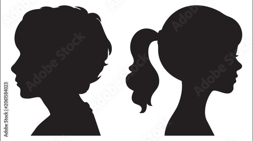 Tableau sur toile A detailed side profile silhouette of a boy with textured curly hair looking forward, alongside a young girl with her hair styled in a high, bouncy ponytail, facing the opposite direction