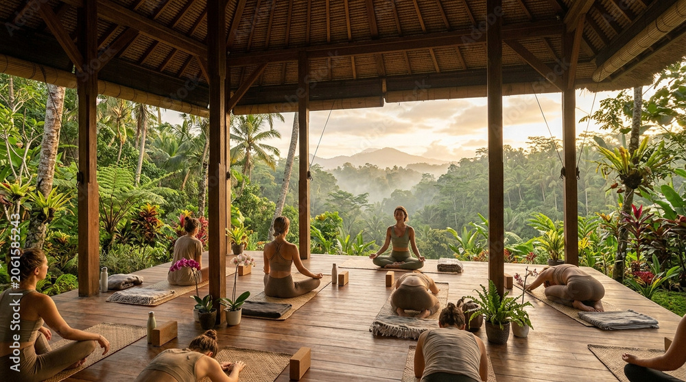 Fototapeta premium Tropical wellness retreat yoga natural wood greenery morning meditation exercise relaxation fitness group outdoor pavilion tropical forest sunrise healthy lifestyle mindfulness calm peaceful