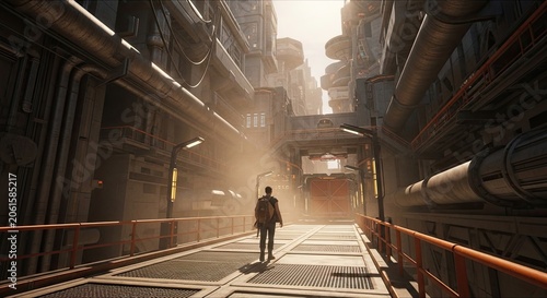 Man walking through futuristic industrial city with giant pipes