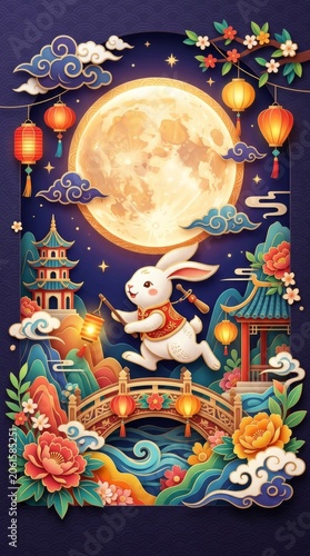 Mid-Autumn Festival Celebration with Rabbit, Lanterns, and Full Moon