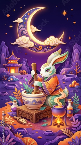 Mid-Autumn Festival Rabbit Grinding Herbs Under Crescent Moon