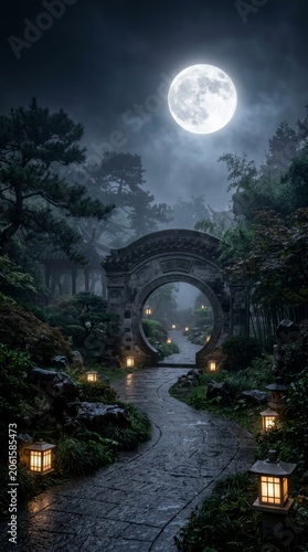 Mystical Mid-Autumn Festival Garden Path Under Full Moon