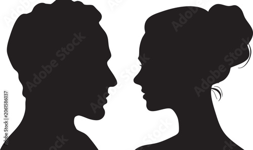 Quadro su tela A sophisticated black silhouette of a man and a woman's profiles intently facing each other, featuring the female with a perfectly neat and classic updo hairstyle