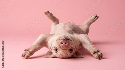 A cute, pink piglet is playfully lying on its back with its legs in the air against a soft pink background.
