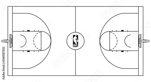 Top down view of a professional basketball court diagram with markings.