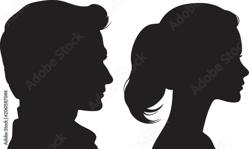 Fotografija A clean black silhouette of a man with a wavy haircut and a woman with a flowing ponytail, perfectly aligned and facing each other