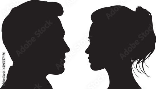 Bilde på lerret A clear black silhouette of a man with neat hair and a woman with a distinct ponytail facing each other, representing communication