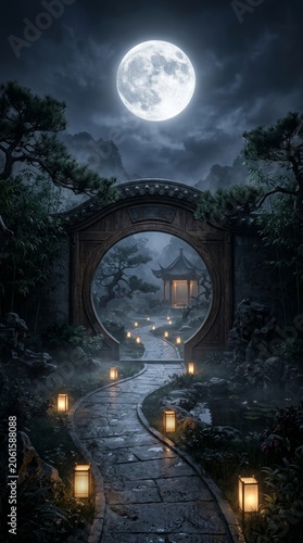 Mid-Autumn Festival Night: Full Moon Over Traditional Chinese Garden Gateway