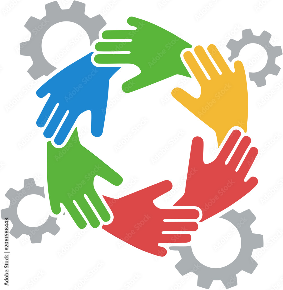 Fototapeta premium Colorful hands and gears promoting international day of cooperatives