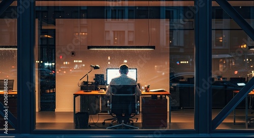 Man working at computer in modern office at night