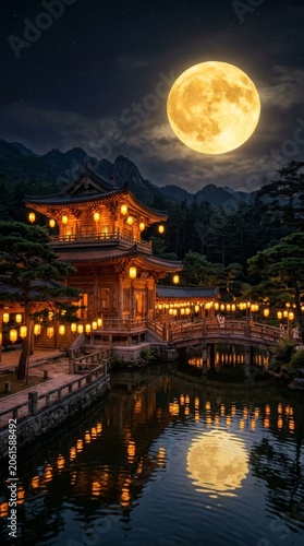 Mid-Autumn Festival Night: Illuminated Traditional Village by Moonlit River
