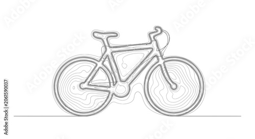 Minimalist contour line art bicycle drawing, simple outline sketch on white background