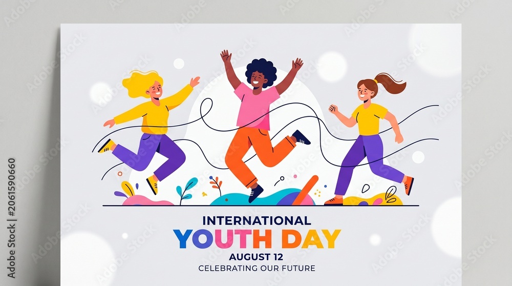 Fototapeta premium International Youth Day banner for August 12, diverse happy teenagers jumping and celebrating, vibrant youth empowerment illustration for social media