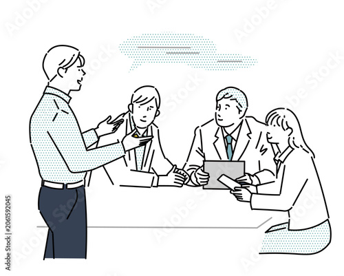 オフィスでミーティングするビジネスパーソンービジネスチームのブレインストーミングイラスト素材Businesspeople in a Meeting at the Office—Illustration of a Business Team Brainstorming