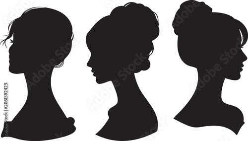 Fotografía A trio of artistic black female profile silhouettes, demonstrating gracefully styled updos and sophisticated bun hairstyles, ideal for beauty and fashion concepts