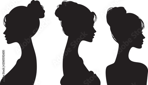 Φωτογραφία Three stunning black female profile silhouettes, beautifully portraying diverse bun and elaborate updo hairstyles, symbolizing elegance, beauty, and refined feminine aesthetics