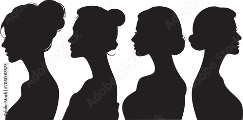 Obraz na płótnie An exquisite collection of four black female profile silhouettes, showcasing a graceful variety of bun and updo hairstyles, representing elegance and feminine charm