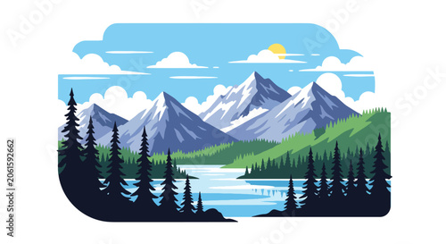 Flat style vector of a peaceful Canadian mountain lake surrounded by evergreen forests and snowy peaks, showcasing pristine wilderness and outdoor travel scenery