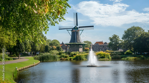 Traditional dutch windmill in a park with a pond and fountain in the netherlands on a sunny day with blue sky