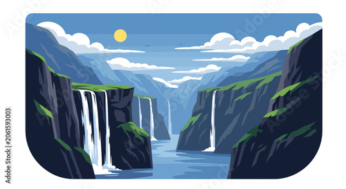 Fotografie Flat style vector of a Norwegian fjord landscape with steep cliffs, calm waters
