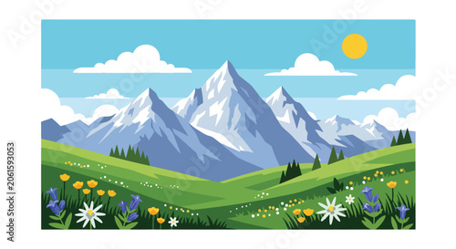 Tableau sur toile Flat style vector of a Swiss alpine meadow filled with wildflowers and mountain