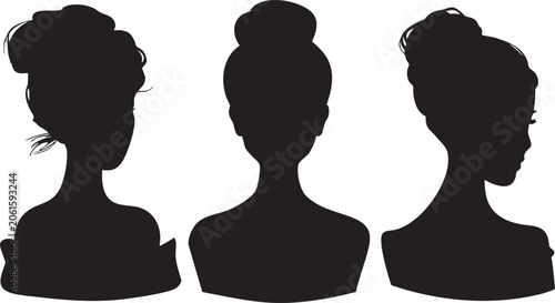 Canvas Print A striking collection of three diverse female silhouettes showcasing various hairstyles, with one woman facing forward and two in profile against a clean white background