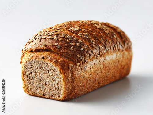 Whole grain bread loaf with textured crust, seeds, and oats, isolated on a clean white background in a minimalist studio style.