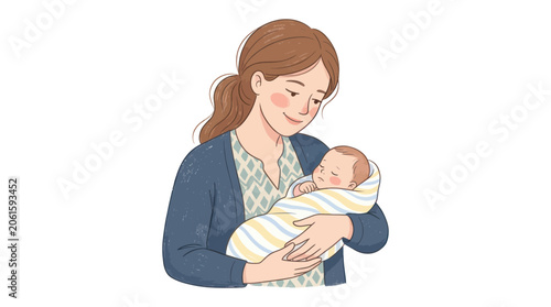 Mother holding sleeping newborn baby in her arms, tender moment, gentle embrace