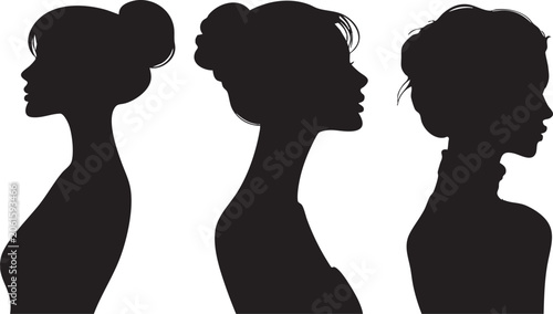 Photos Three sophisticated female silhouettes are showcased in elegant side profiles, each featuring a unique and gracefully styled updo against a stark white background
