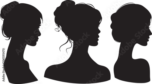 Foto This elegant graphic displays three distinct female silhouettes in refined side profiles, each characterized by a unique and artfully arranged bun or updo hairstyle